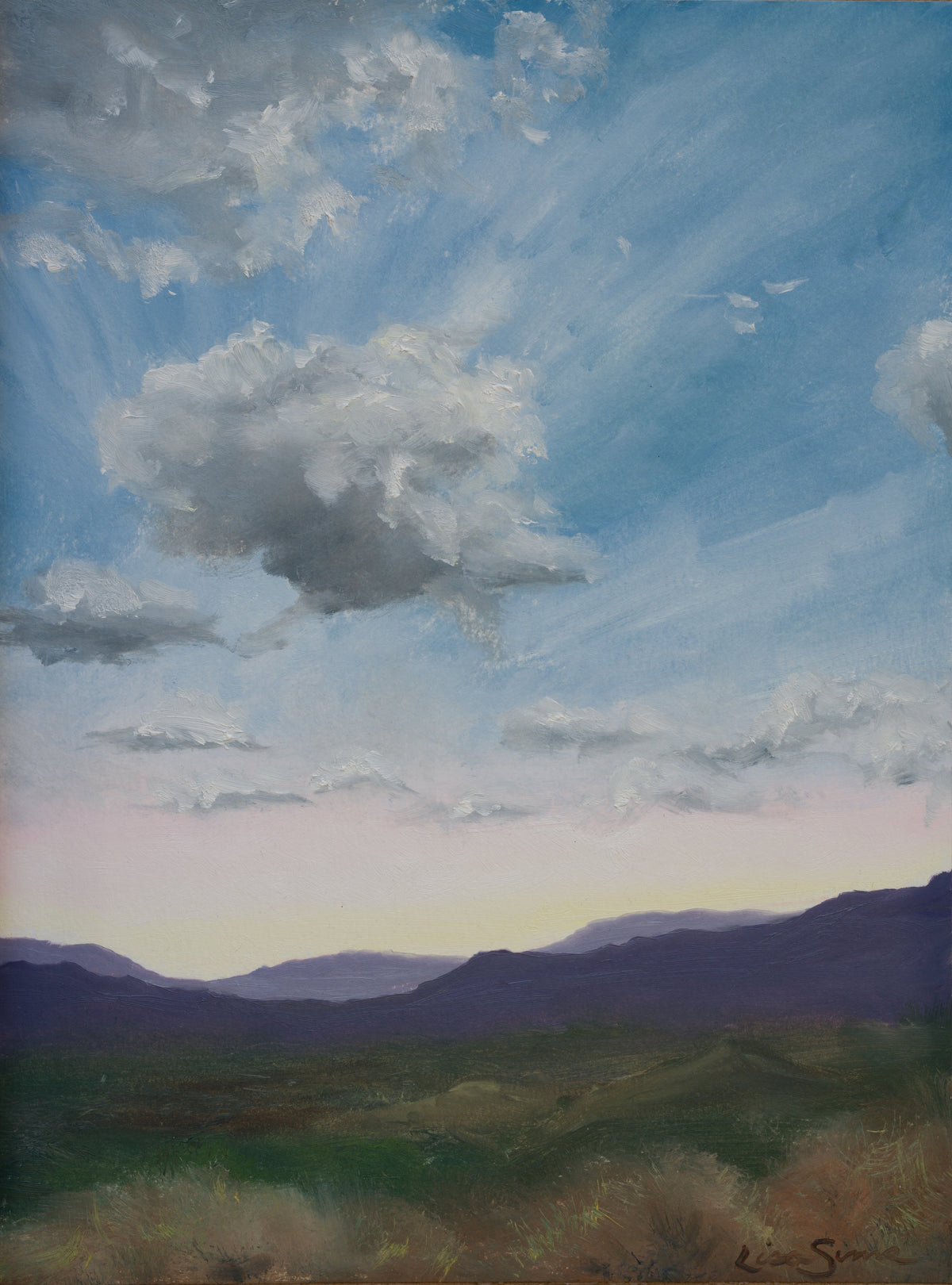 Oil painting of dawn over the Austin Hill Country with soft clouds, blue sky, and warm light on the horizon.
