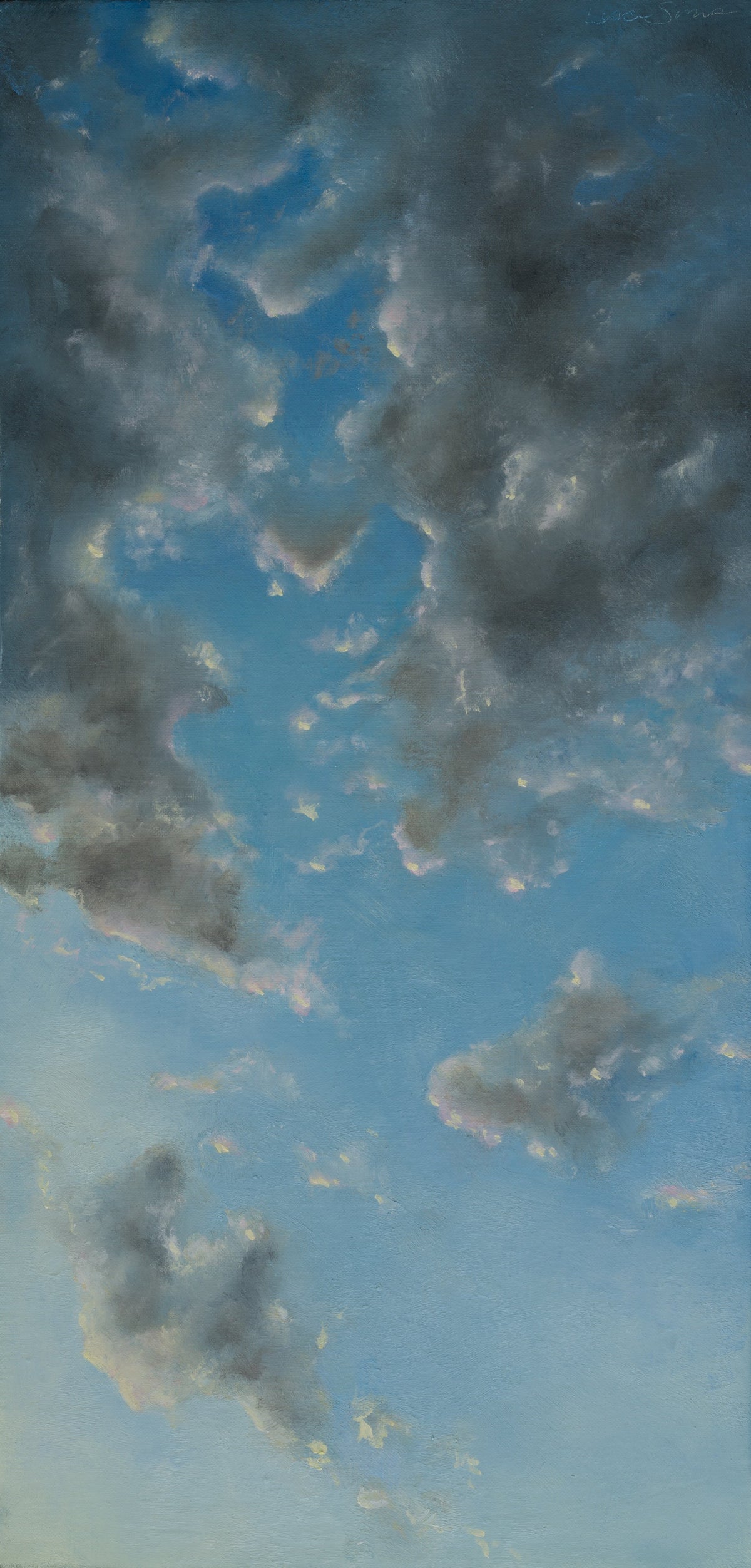 Oil painting of soft gray clouds drifting across a blue sky, with light breaking through.